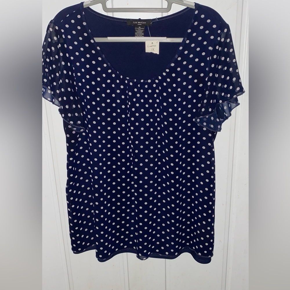 Mccoy Blue and White Ruffled Short Sleeve Blouse